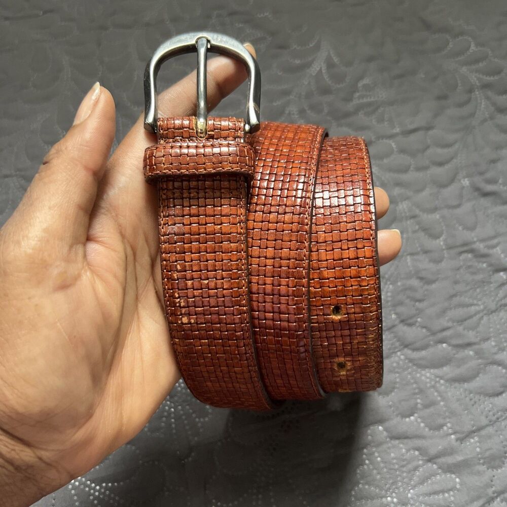 VTG Brighton Unisex Textured Basket Weave Brown Leather Metal Buckle Belt 42in